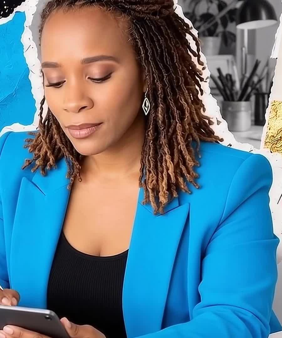 LaTonya Koonce working on a tablet in a bright studio